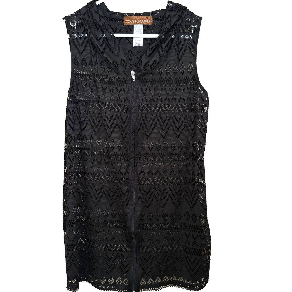 Black Lace Hooded Swim Cover-Up Top Sz M Full Zip Sleeveless Boho Beach Festival